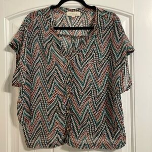 Olive & Oak Women’s Tunic Red & Green Sheer Geometric Contemporary Bohemian